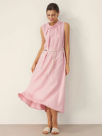 100% Linen Structured Collar Sleeveless Maxi Dress with Belt OPAL