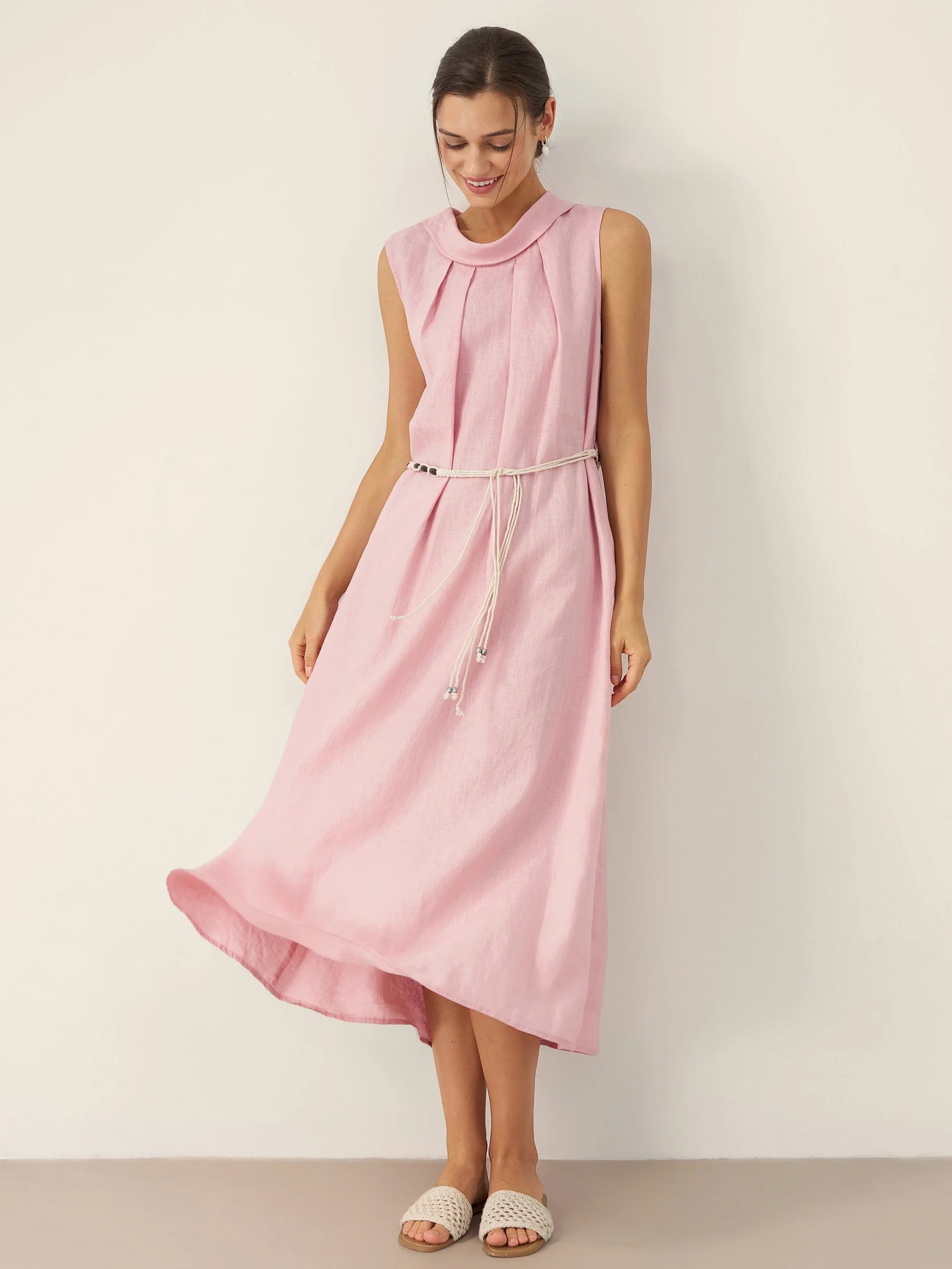 100% Linen Structured Collar Sleeveless Maxi Dress with Belt OPAL