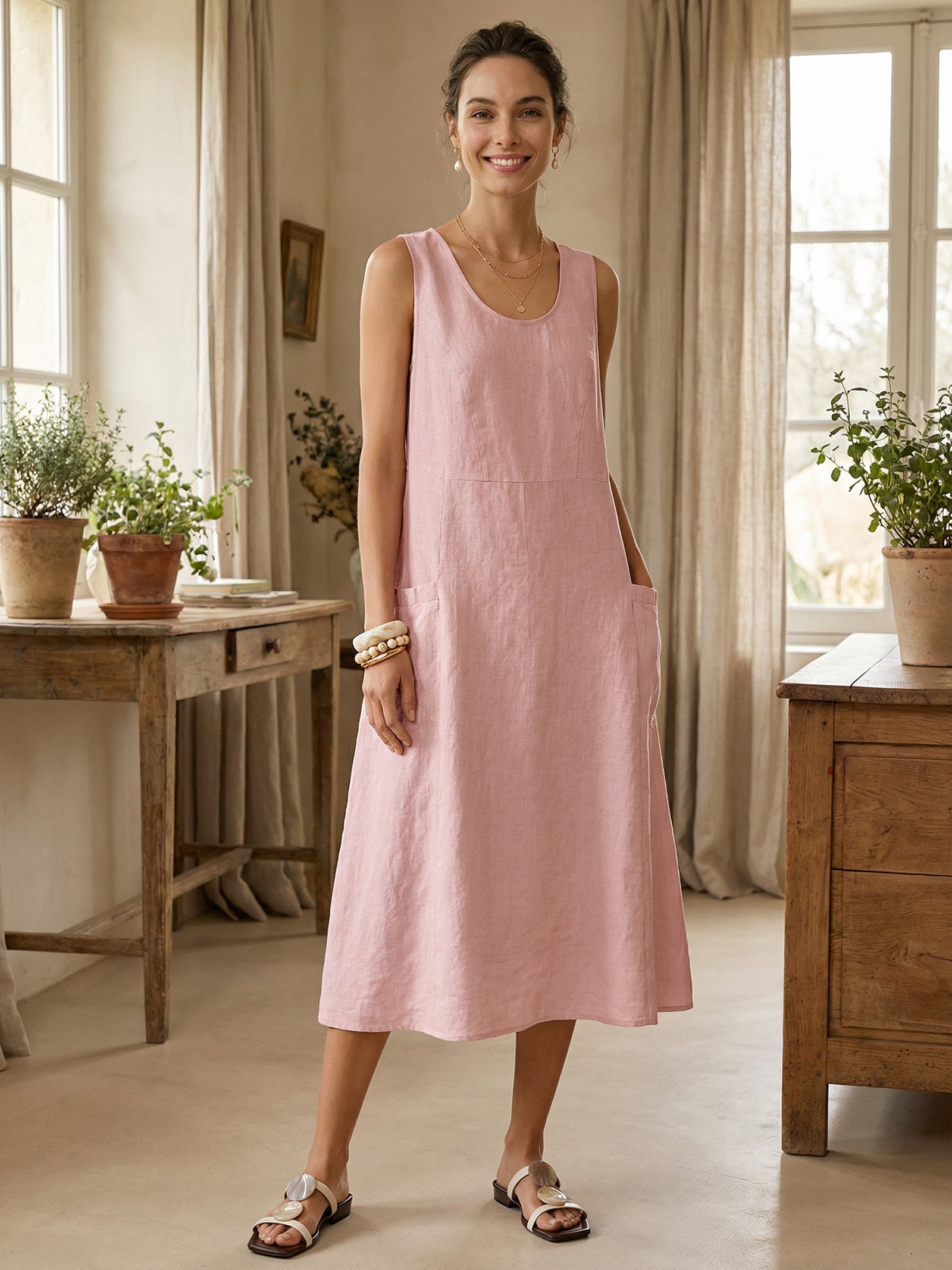 100% Linen Swing Beach Tank Dress GIANA