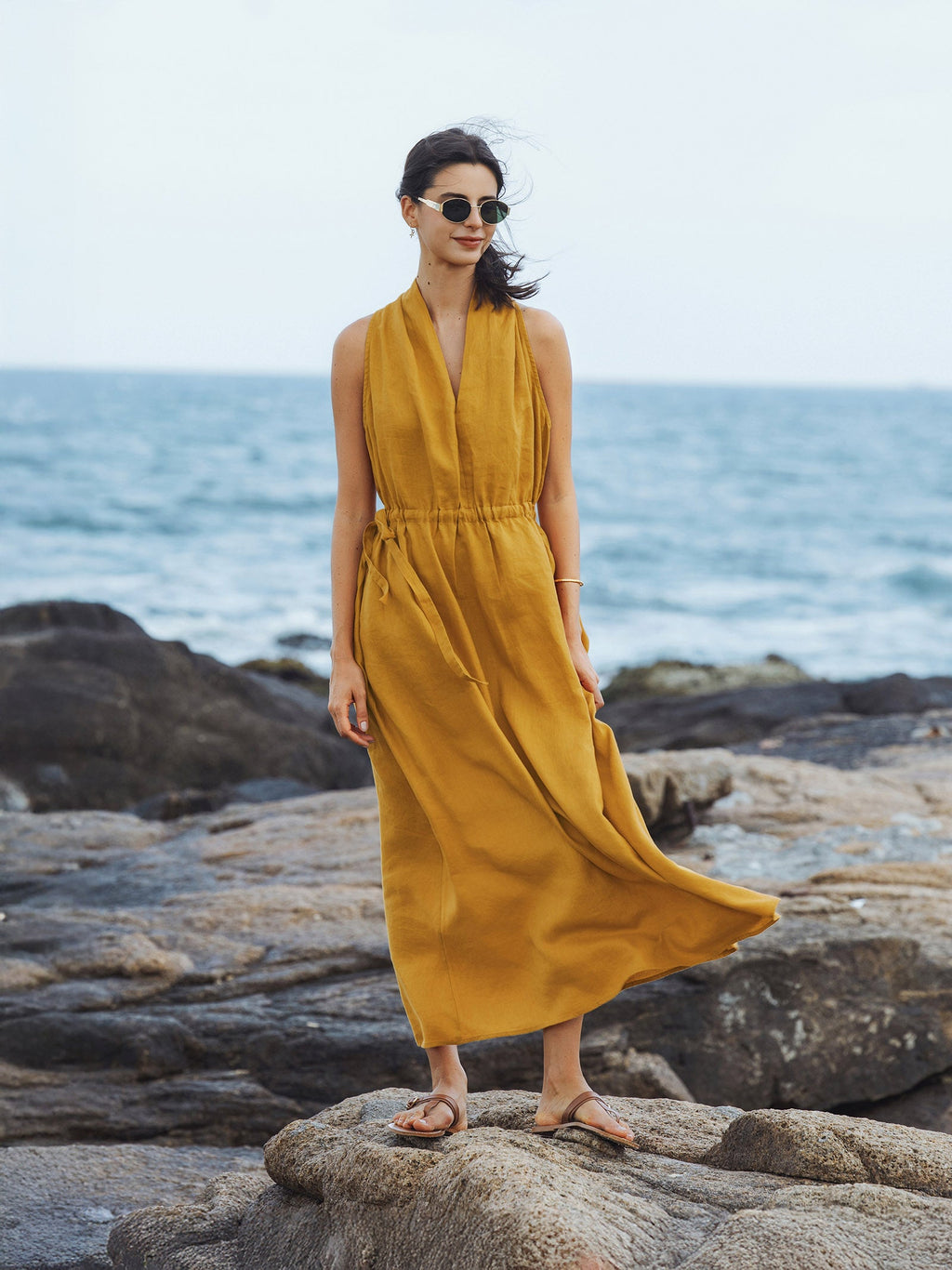 100% Linen V-Neck Halter Maxi Dress BETH