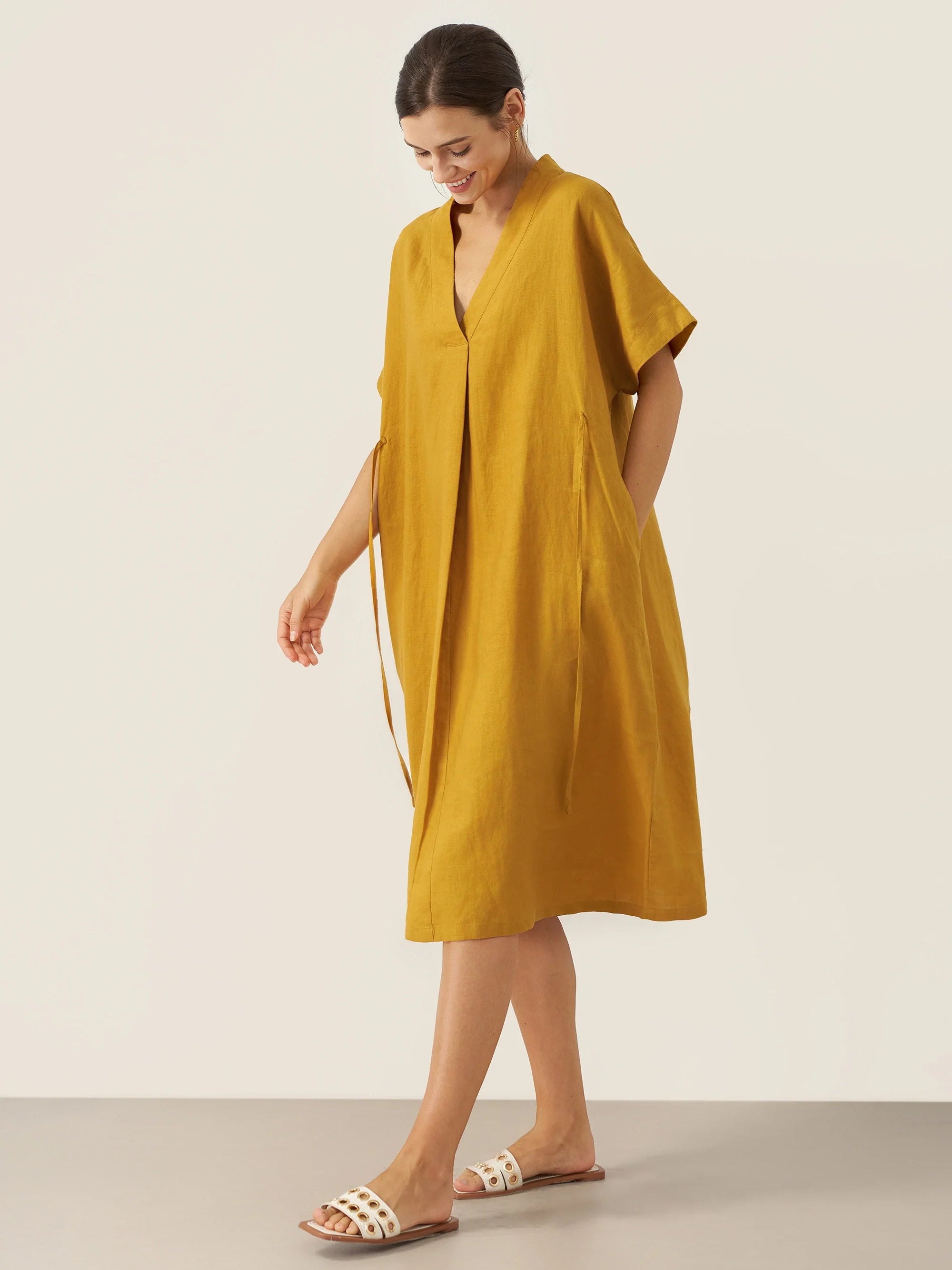 100% Linen V-Neck Tie-Waist Midi Dress BONNIE