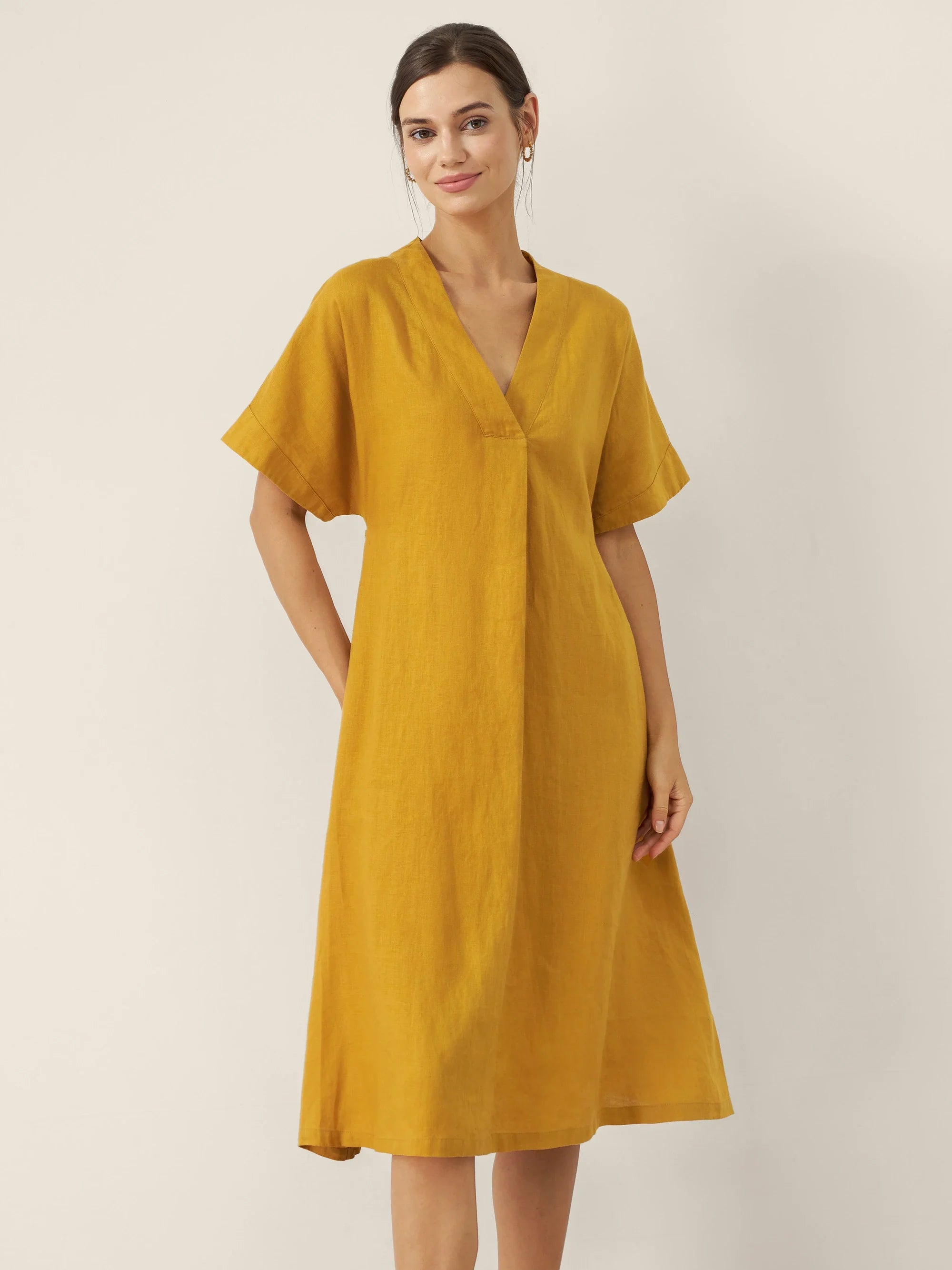 100% Linen V-Neck Tie-Waist Midi Dress BONNIE