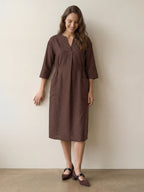 100% Linen V-neck Bell Pocket Midi Dress EVELINA