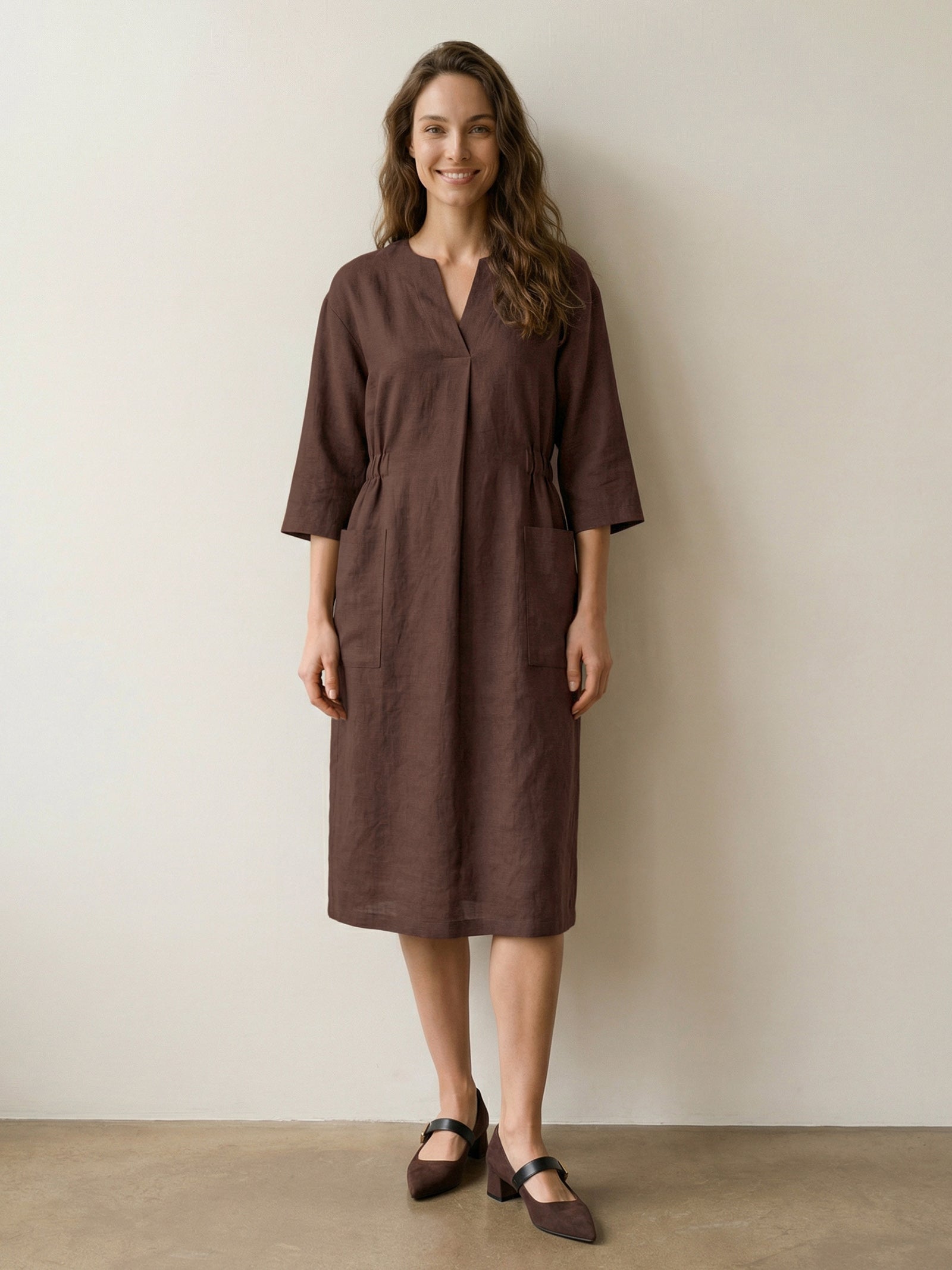 100% Linen V-neck Bell Pocket Midi Dress EVELINA