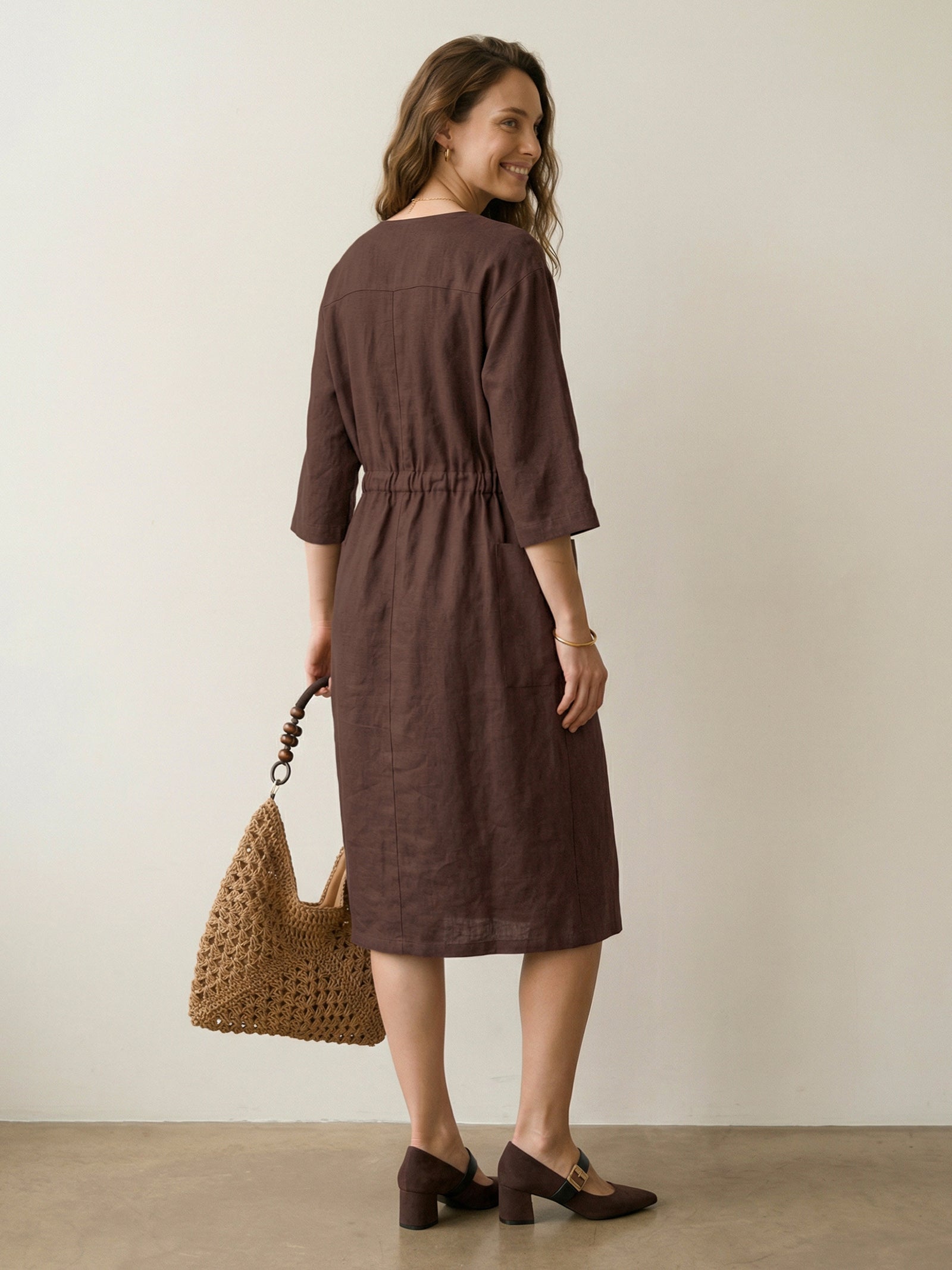 100% Linen V-neck Bell Pocket Midi Dress EVELINA