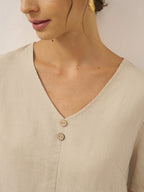100% Linen Button Front V-Neck Midi Dress NOA