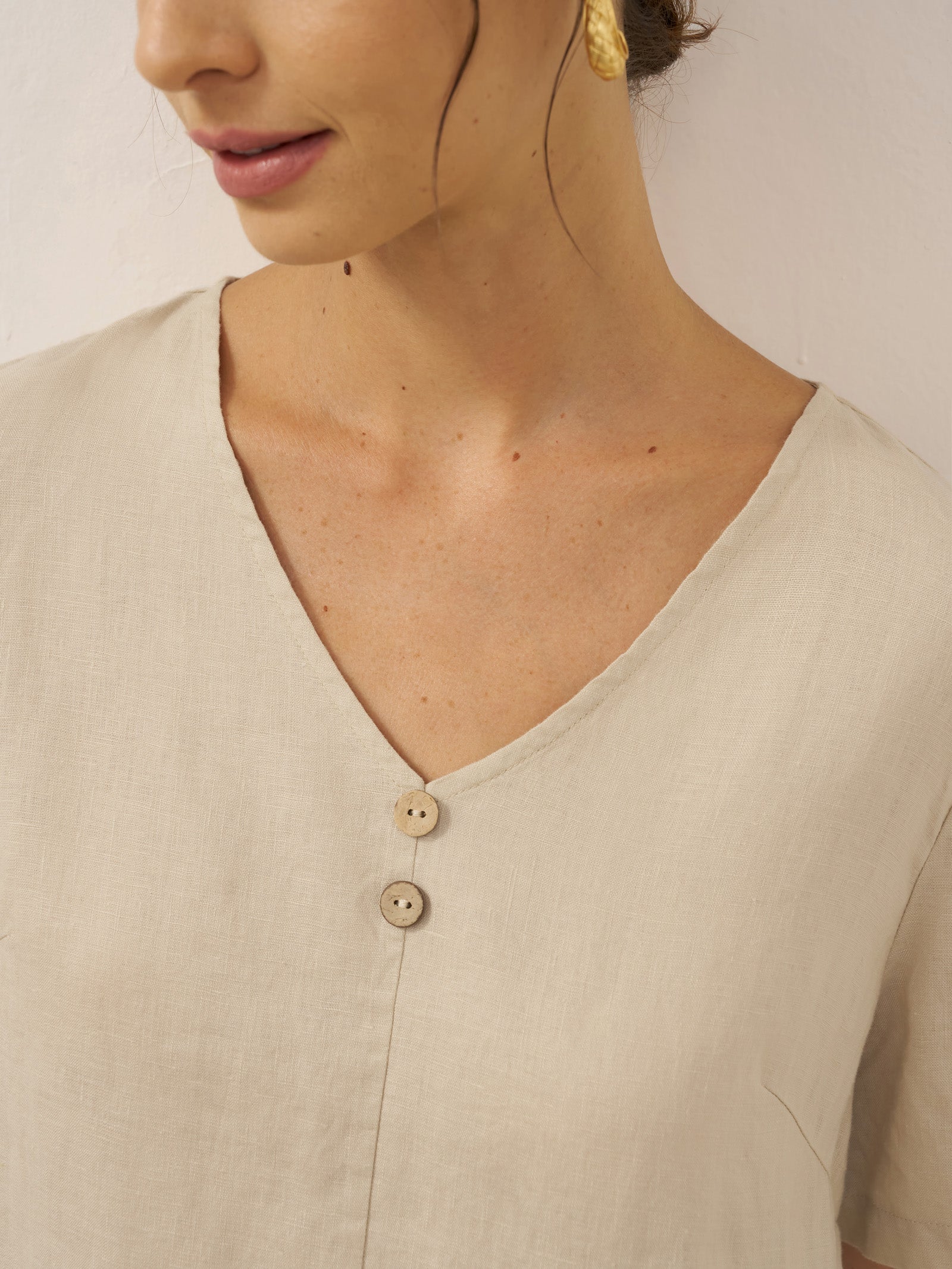 100% Linen Button Front V-Neck Midi Dress NOA