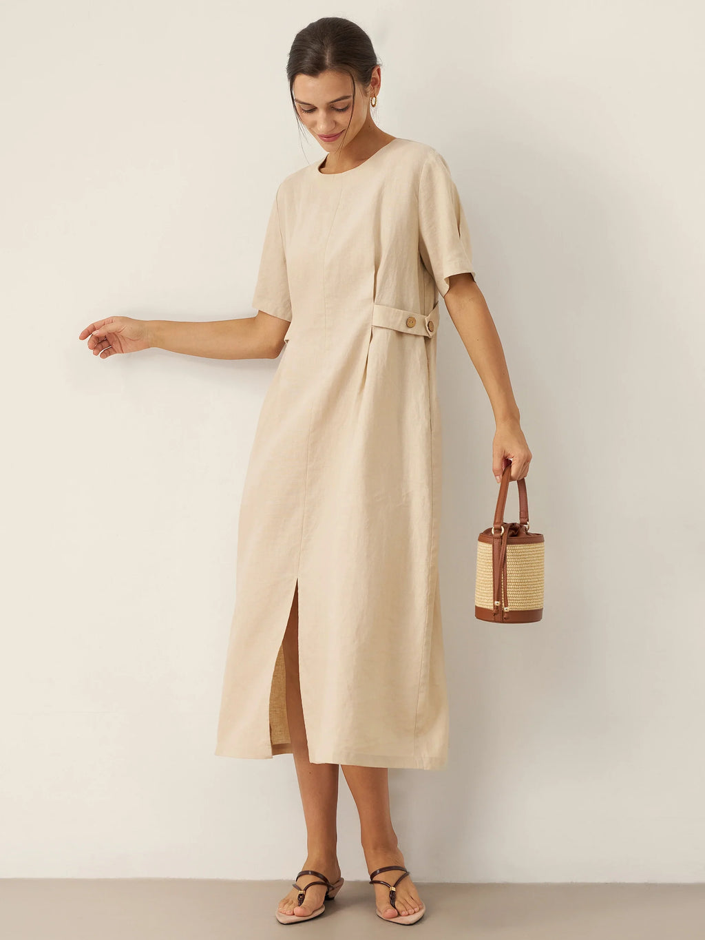 100% Linen Round Neck Button-Tie Maxi Dress XANDRA
