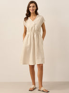 100% Linen Striped Elastic-Waist Midi Dress ARIA