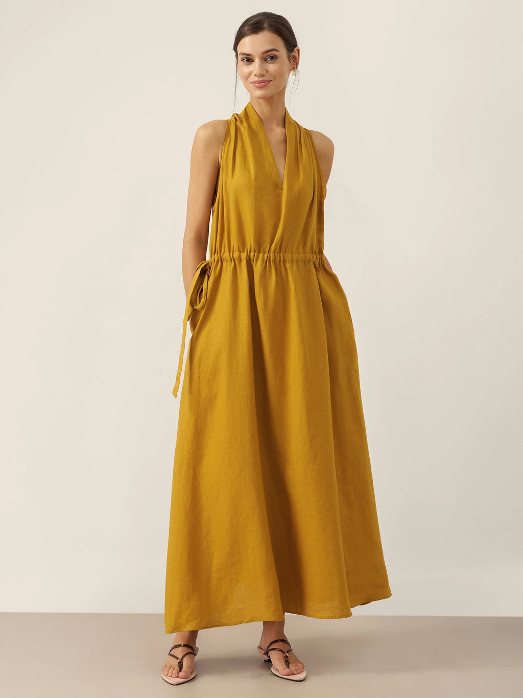 100% Linen V-Neck Halter Maxi Dress BETH