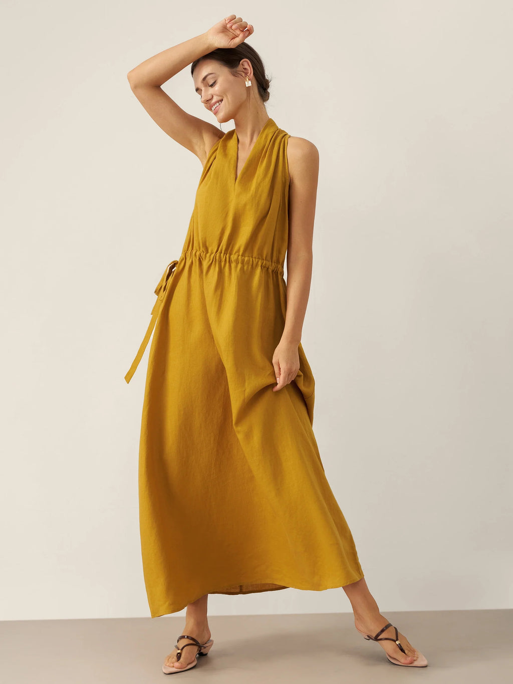 100% Linen V-Neck Halter Maxi Dress BETH