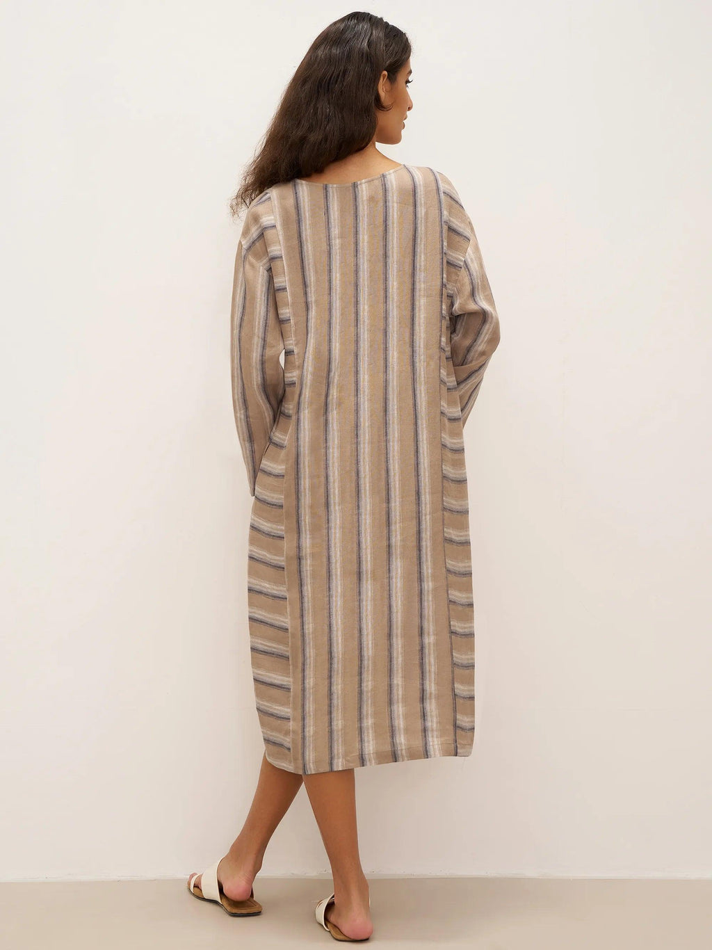 100% Linen Striped Crossweave Midi Dress ELSPETH