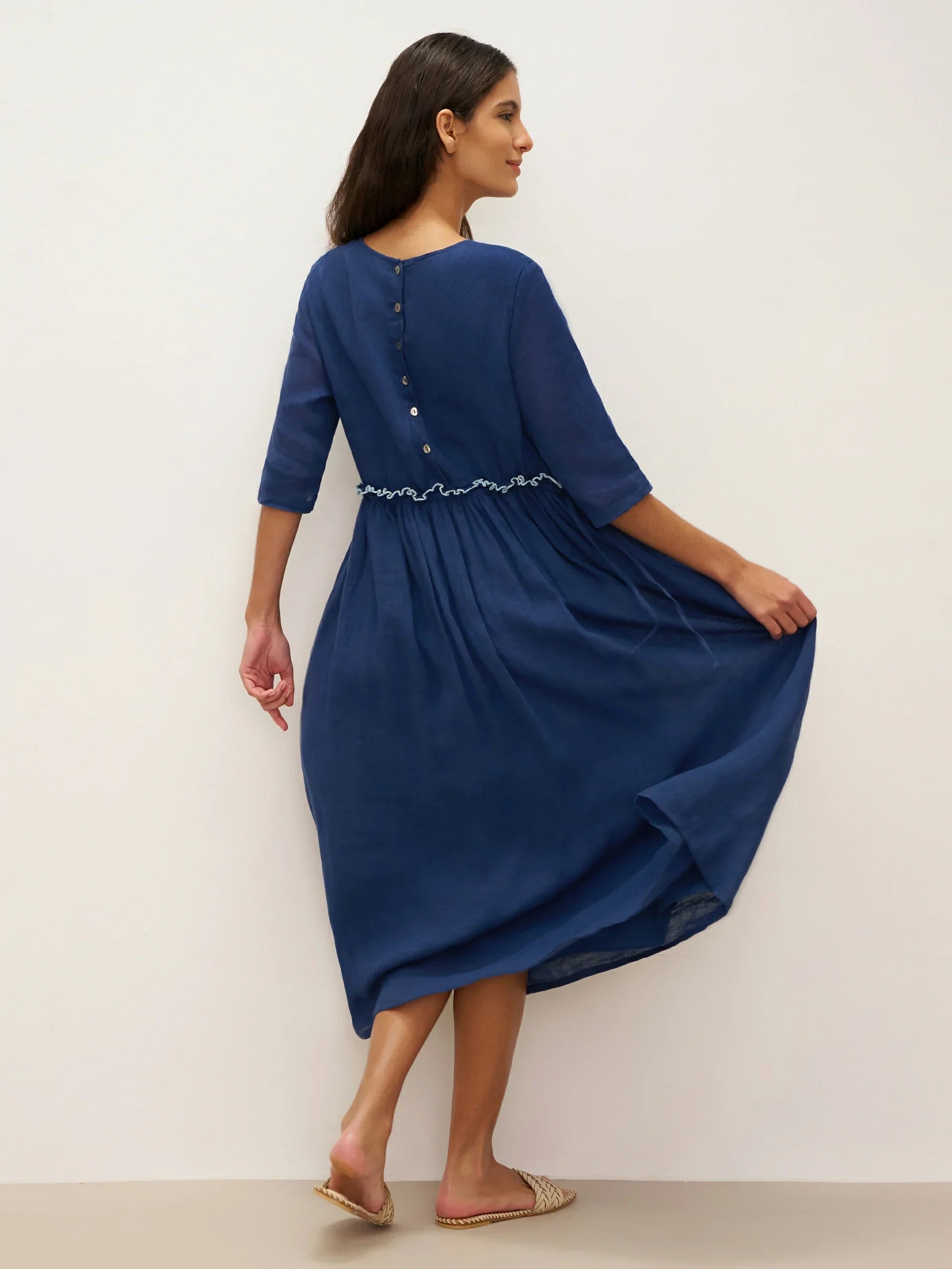 100% Linen Petal-Waist Drawstring Midi Dress JASMINE