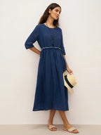100% Linen Petal-Waist Drawstring Midi Dress JASMINE