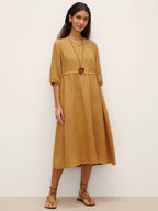 100% Linen A-Line Drawstring Waist Midi Dress DIXIE