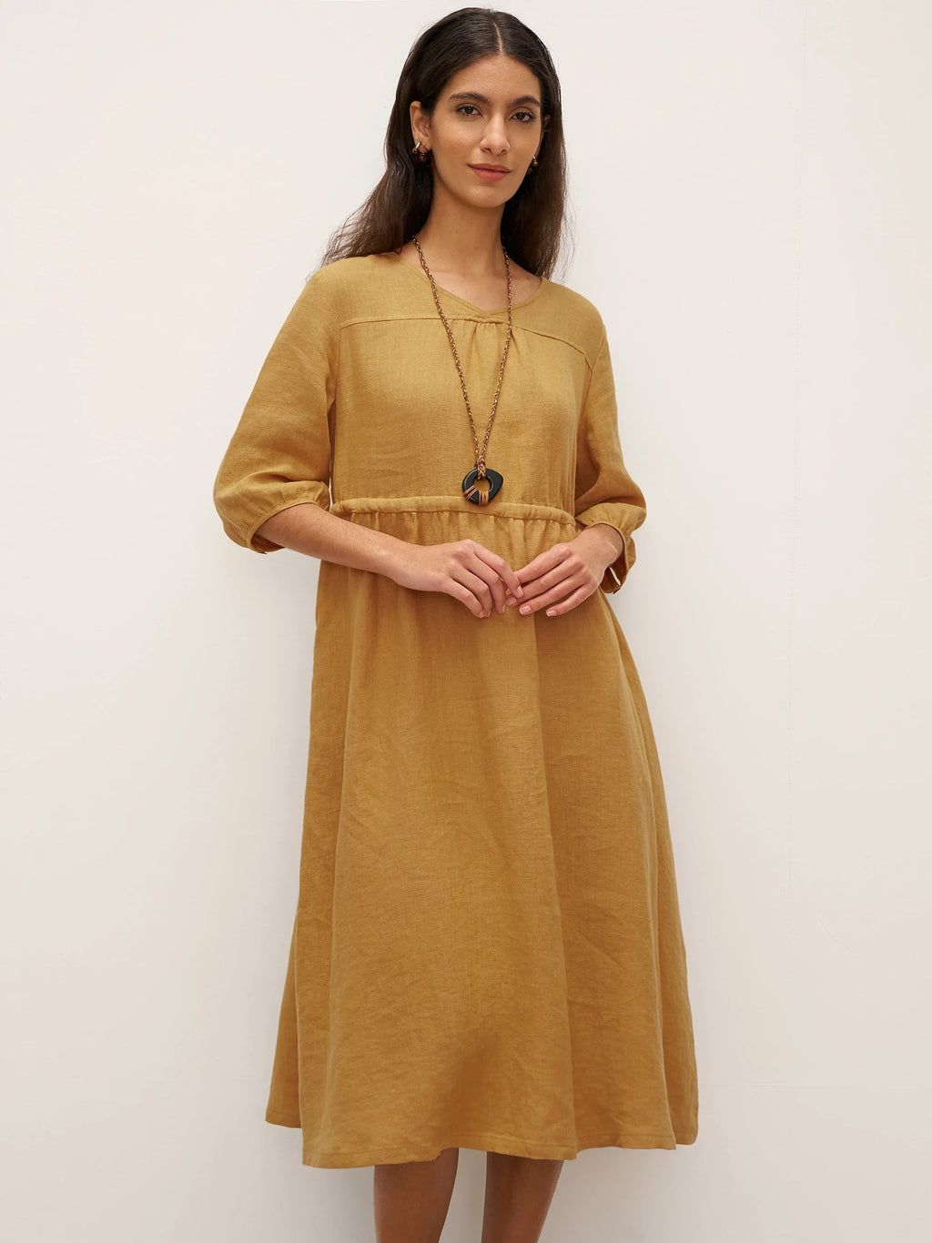 100% Linen A-Line Drawstring Waist Midi Dress DIXIE