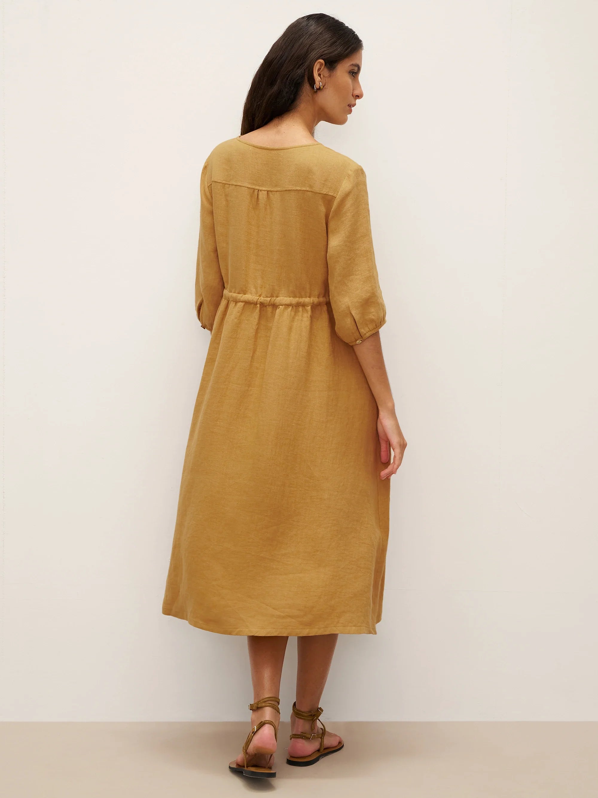 100% Linen A-Line Drawstring Waist Midi Dress DIXIE