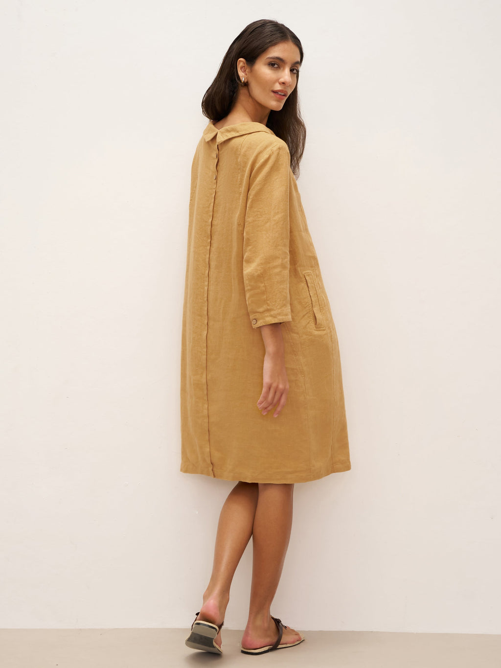 100% Linen Round Soft-Fold Collar Midi Dress DORALEE