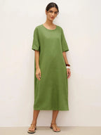 100% Linen Oversized O-Line Belted Midi Dress LORETTA—Multi-Way Wear