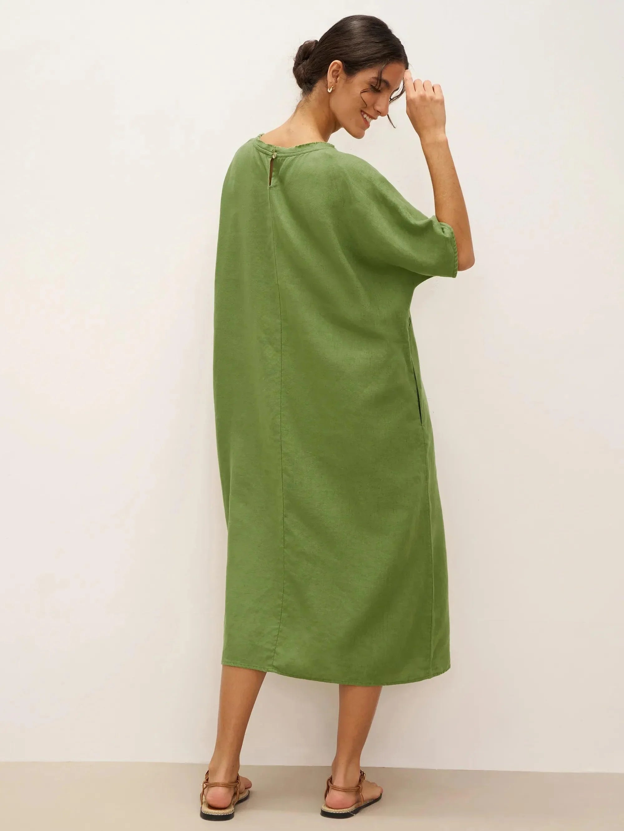 100% Linen Oversized O-Line Belted Midi Dress LORETTA—Multi-Way Wear