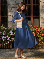 100% Linen Petal-Waist Drawstring Midi Dress JASMINE