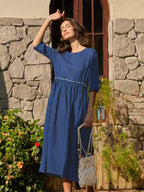 100% Linen Petal-Waist Drawstring Midi Dress JASMINE