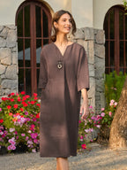 100% Linen V-neck Bell Pocket Midi Dress EVELINA