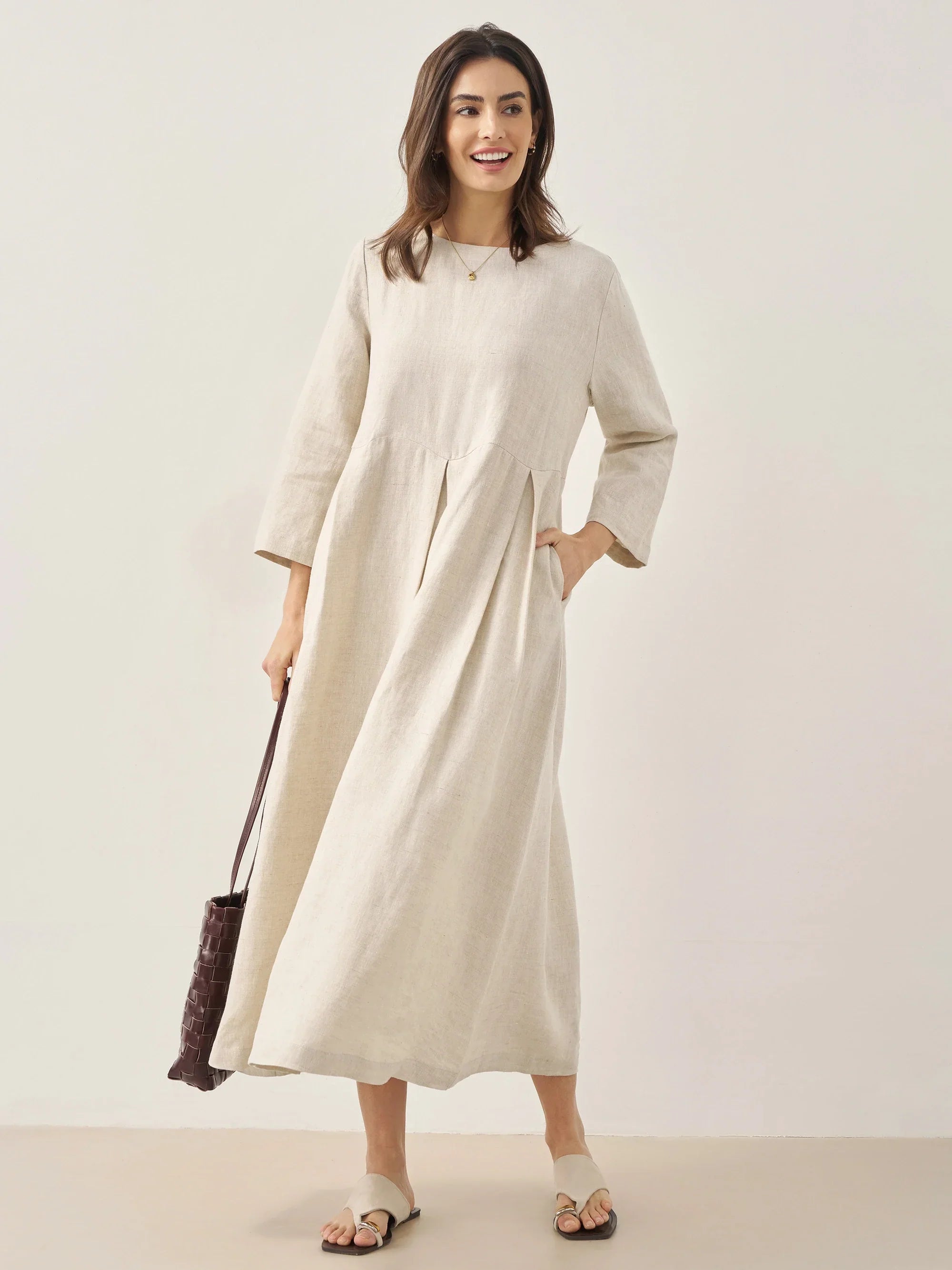 100% Linen Bateau Neck Pleated Maxi Dress