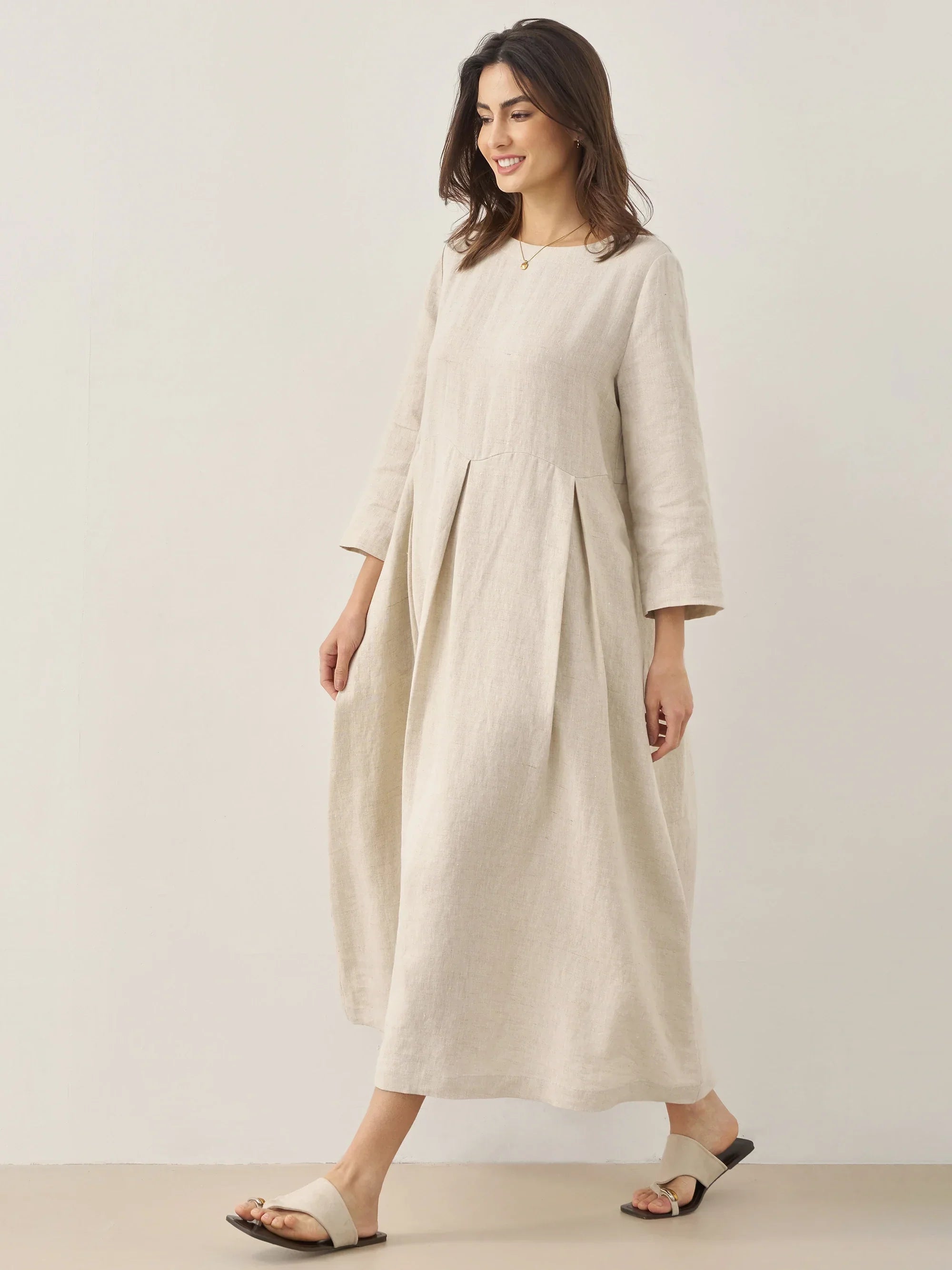 100% Linen Bateau Neck Pleated Maxi Dress ABIGAIL