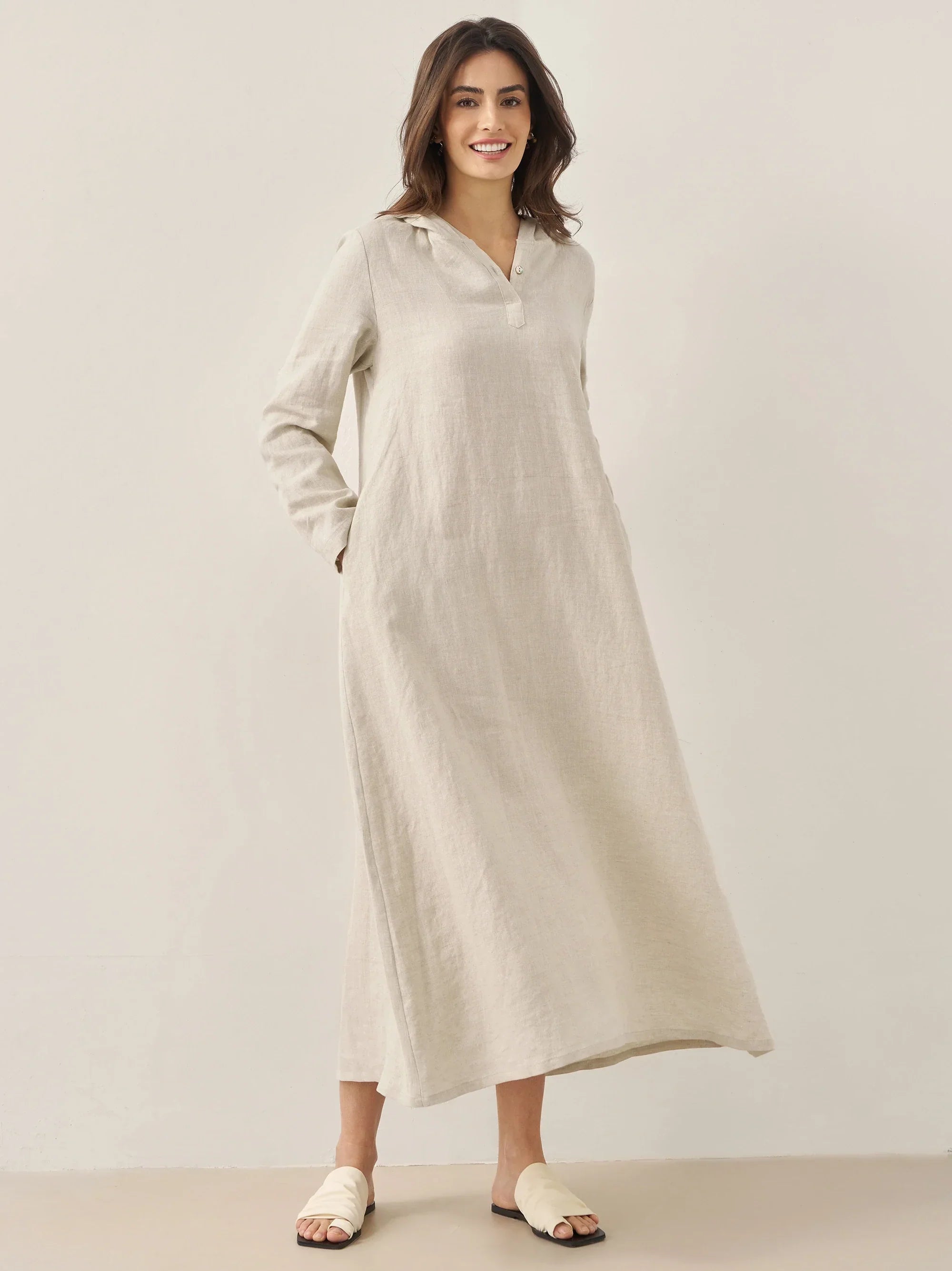 100% Linen Hooded Pullover Maxi Dress REBECCA
