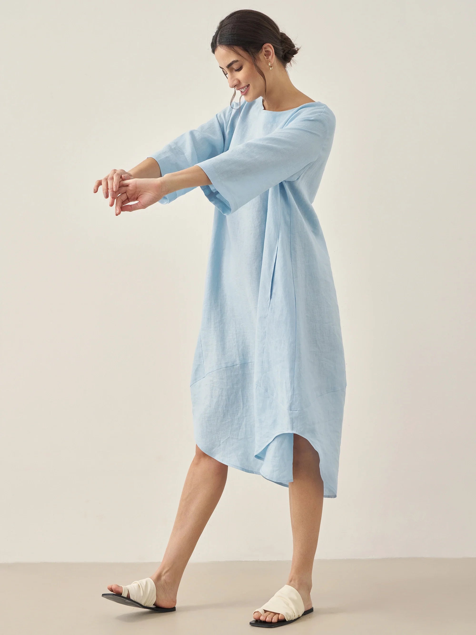 100% Linen Bateau Neck Midi Dress BROOKE