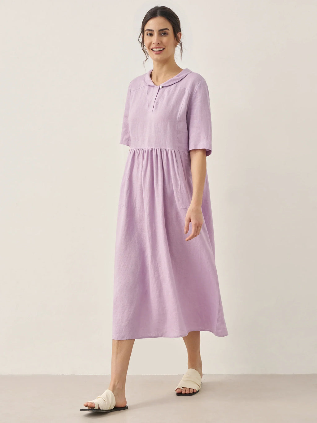 100% Linen Shawl V-Neck Pleated Maxi Dress SUSAN