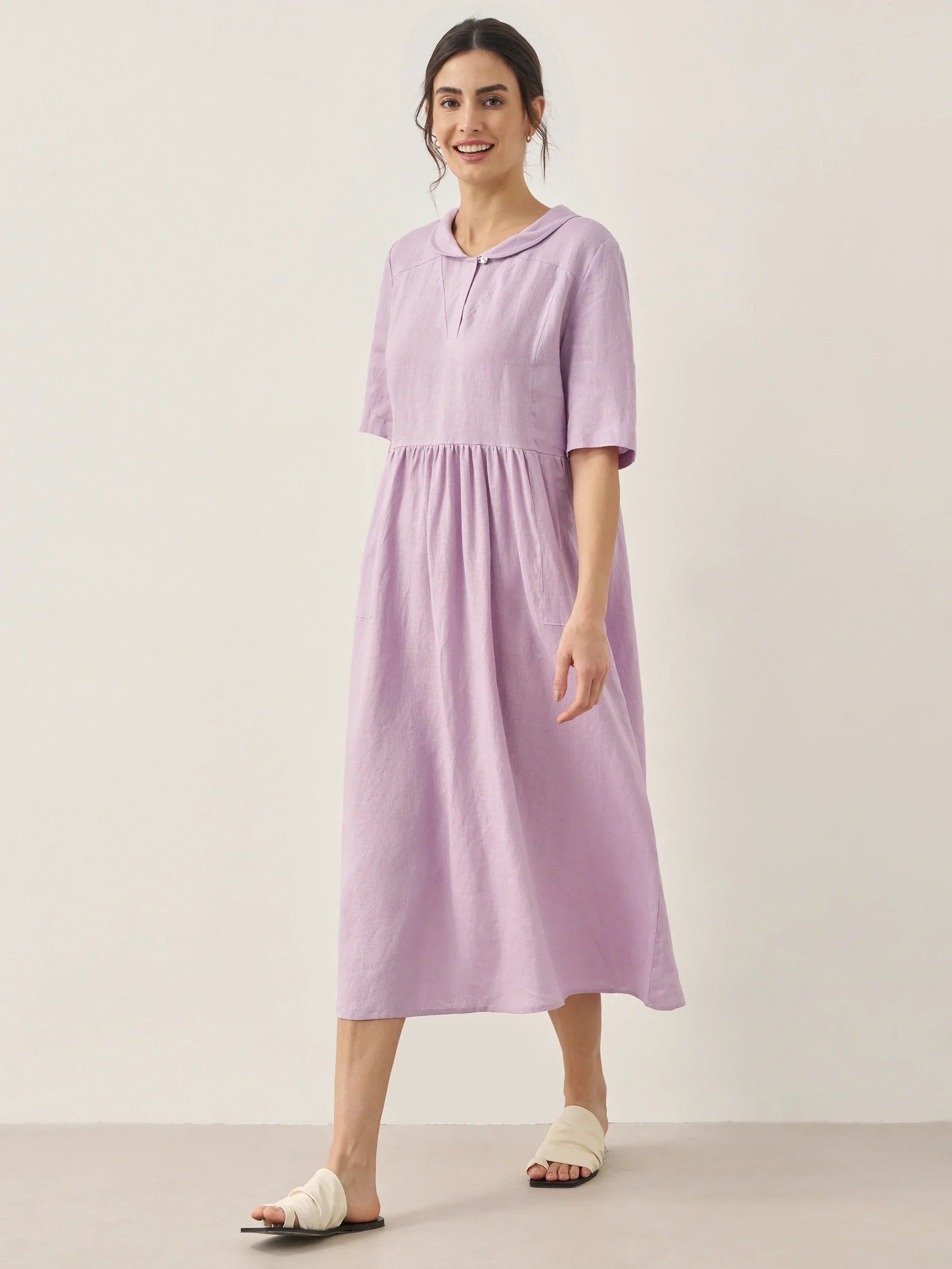 100% Linen Shawl V-Neck Pleated Maxi Dress SUSAN