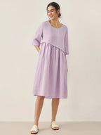 100% Linen Asymmetrical Pleated Round Neck Midi Dress YOLANDA