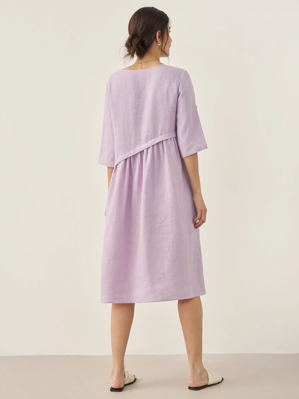 100% Linen Asymmetrical Pleated Round Neck Midi Dress YOLANDA