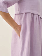 100% Linen Asymmetrical Pleated Round Neck Midi Dress YOLANDA