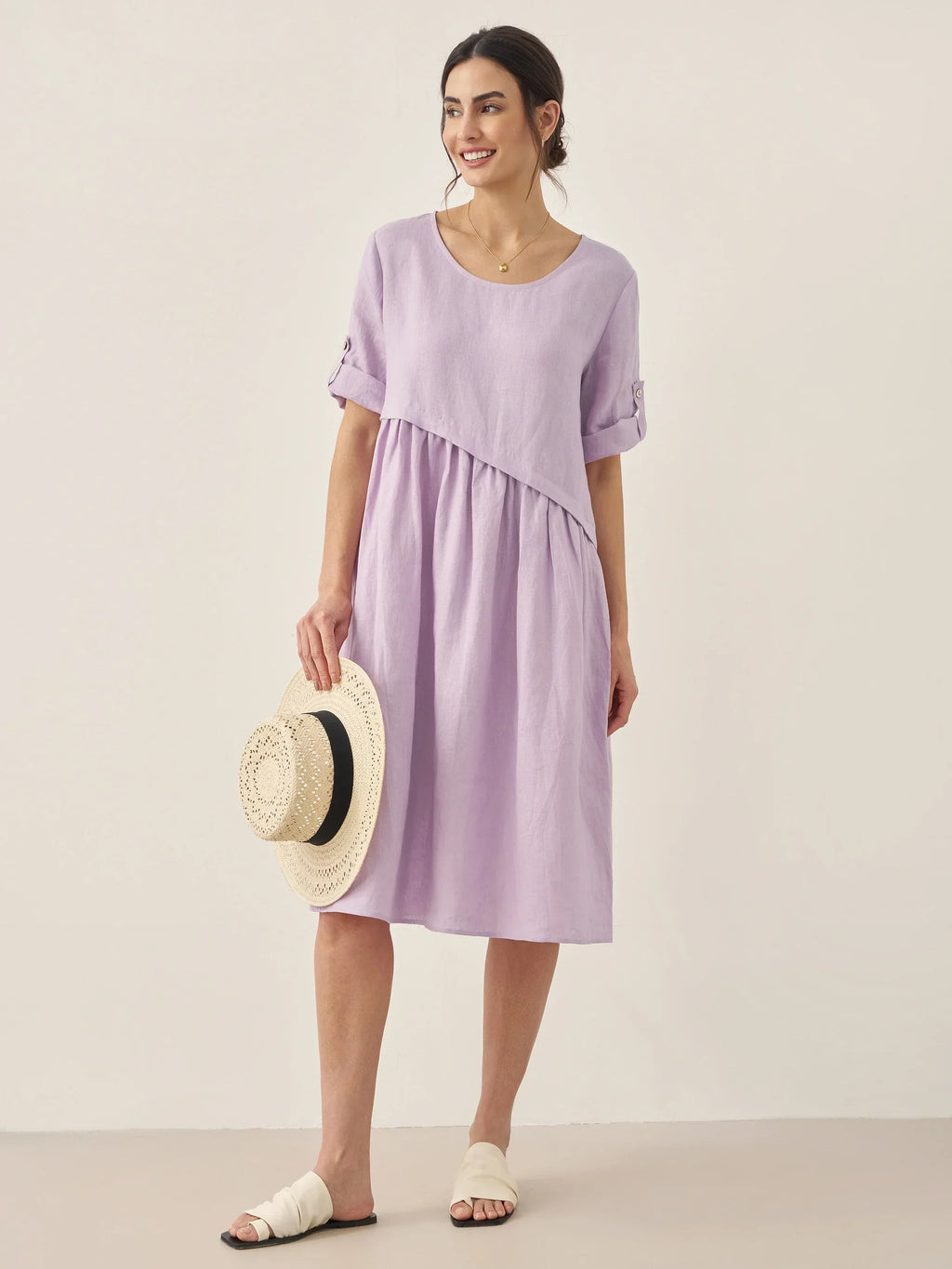 100% Linen Asymmetrical Pleated Round Neck Midi Dress YOLANDA