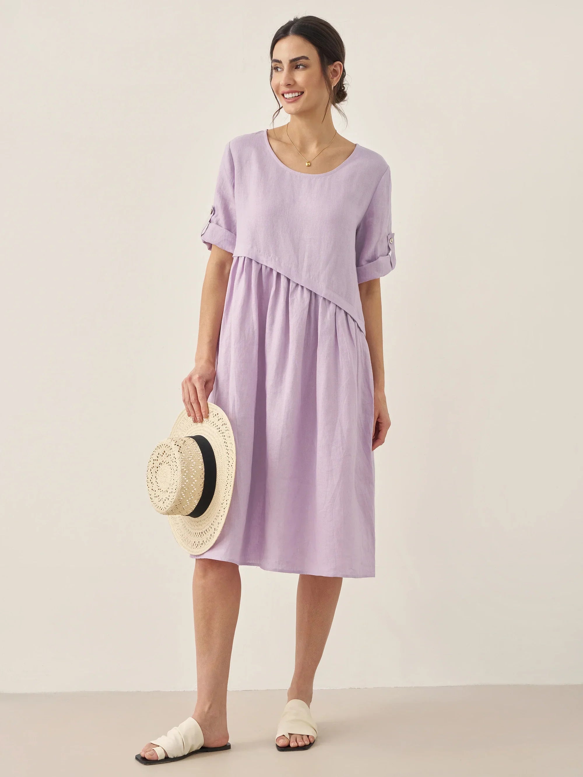 100% Linen Asymmetrical Pleated Round Neck Midi Dress YOLANDA