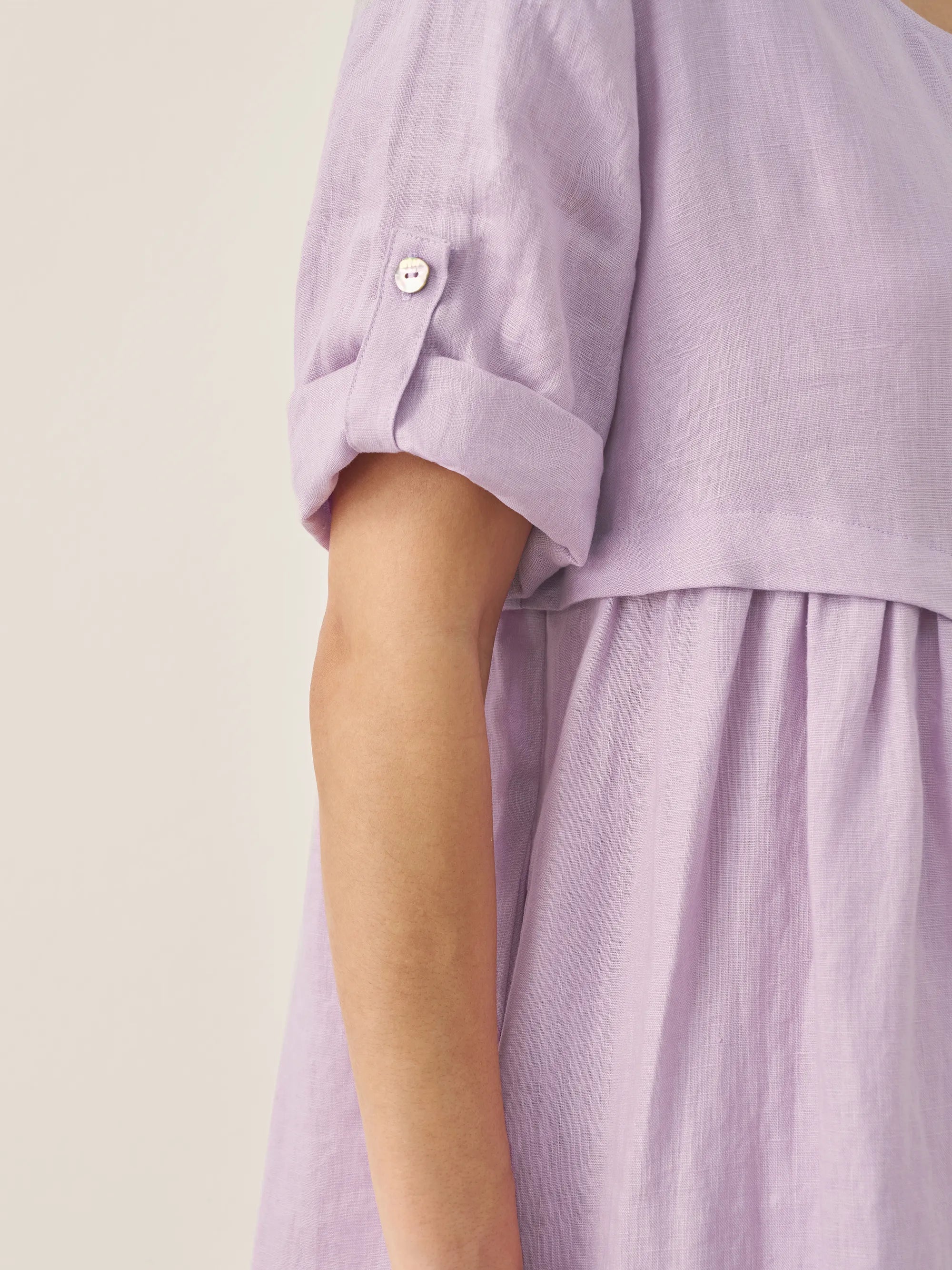 100% Linen Asymmetrical Pleated Round Neck Midi Dress YOLANDA