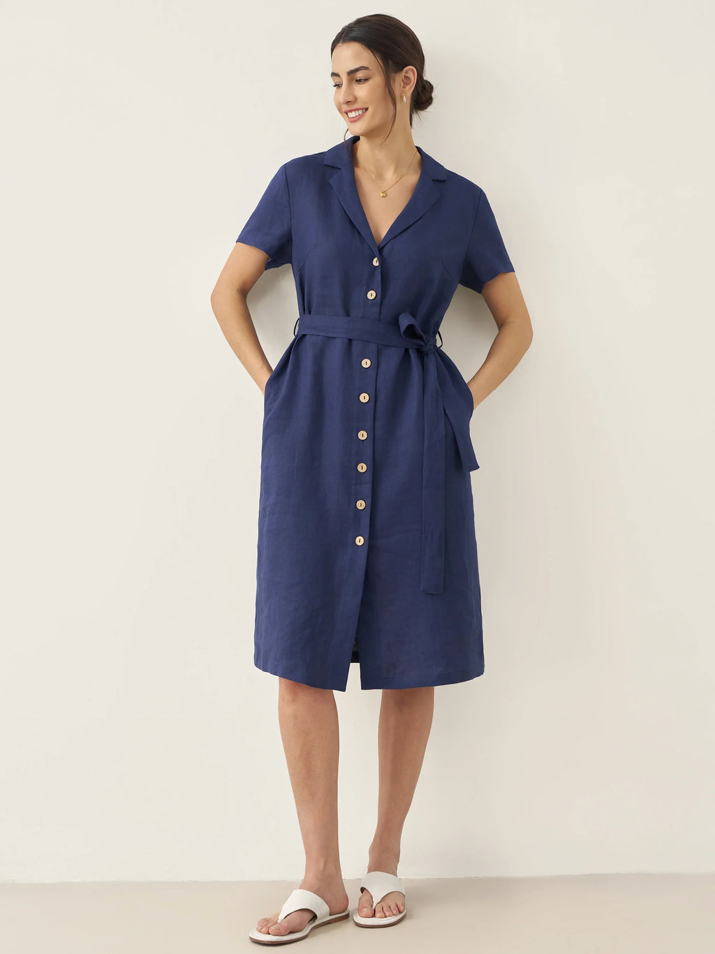 100% Linen V-Neck Button-Front Shirt Dress EILEEN