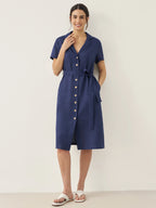 100% Linen V-Neck Button-Front Shirt Dress EILEEN