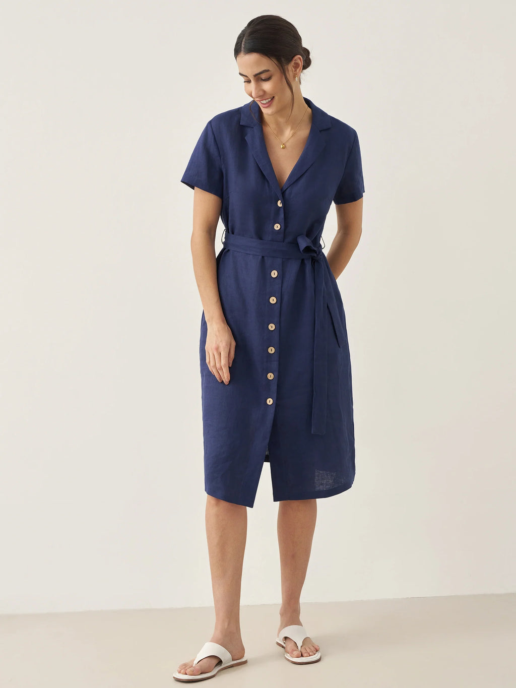 100% Linen V-Neck Button-Front Shirt Dress EILEEN