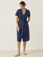 100% Linen V-Neck Button-Front Shirt Dress EILEEN