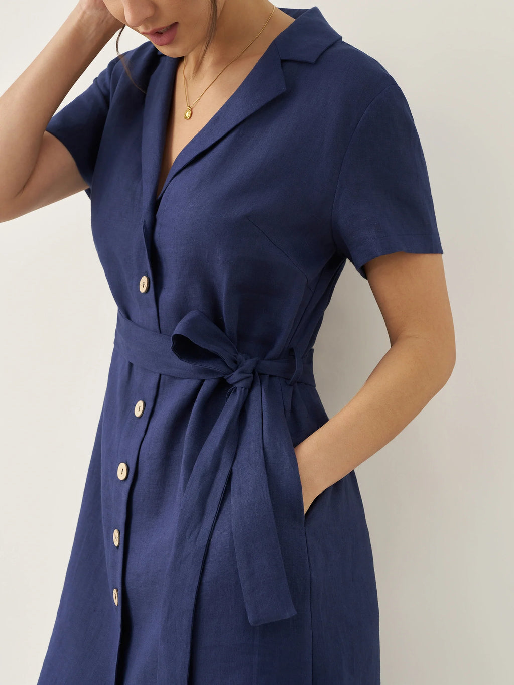 100% Linen V-Neck Button-Front Shirt Dress EILEEN