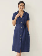 100% Linen V-Neck Button-Front Shirt Dress EILEEN