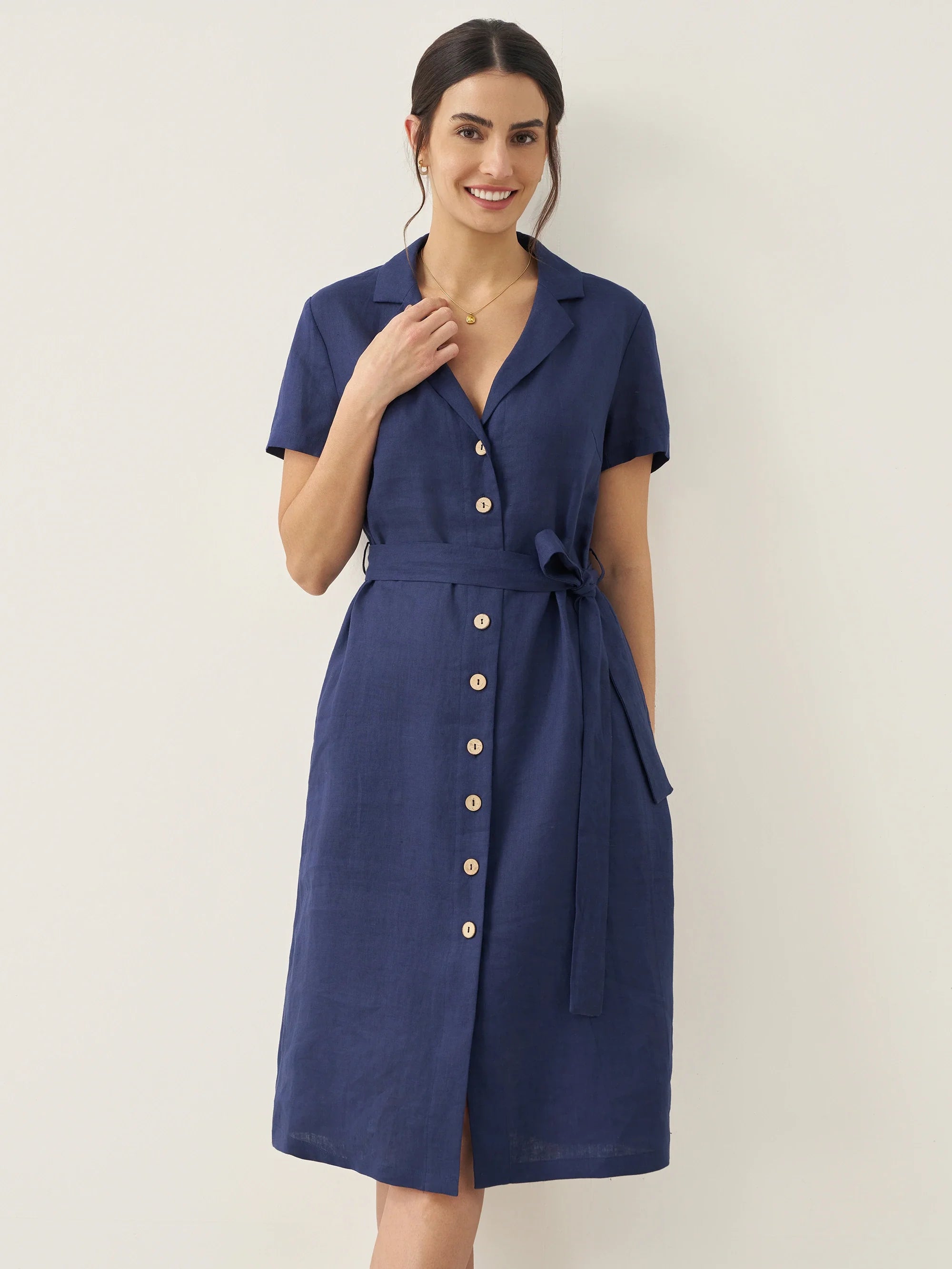 100% Linen V-Neck Button-Front Shirt Dress EILEEN