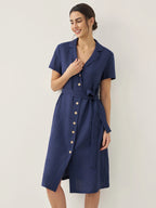 100% Linen V-Neck Button-Front Shirt Dress EILEEN