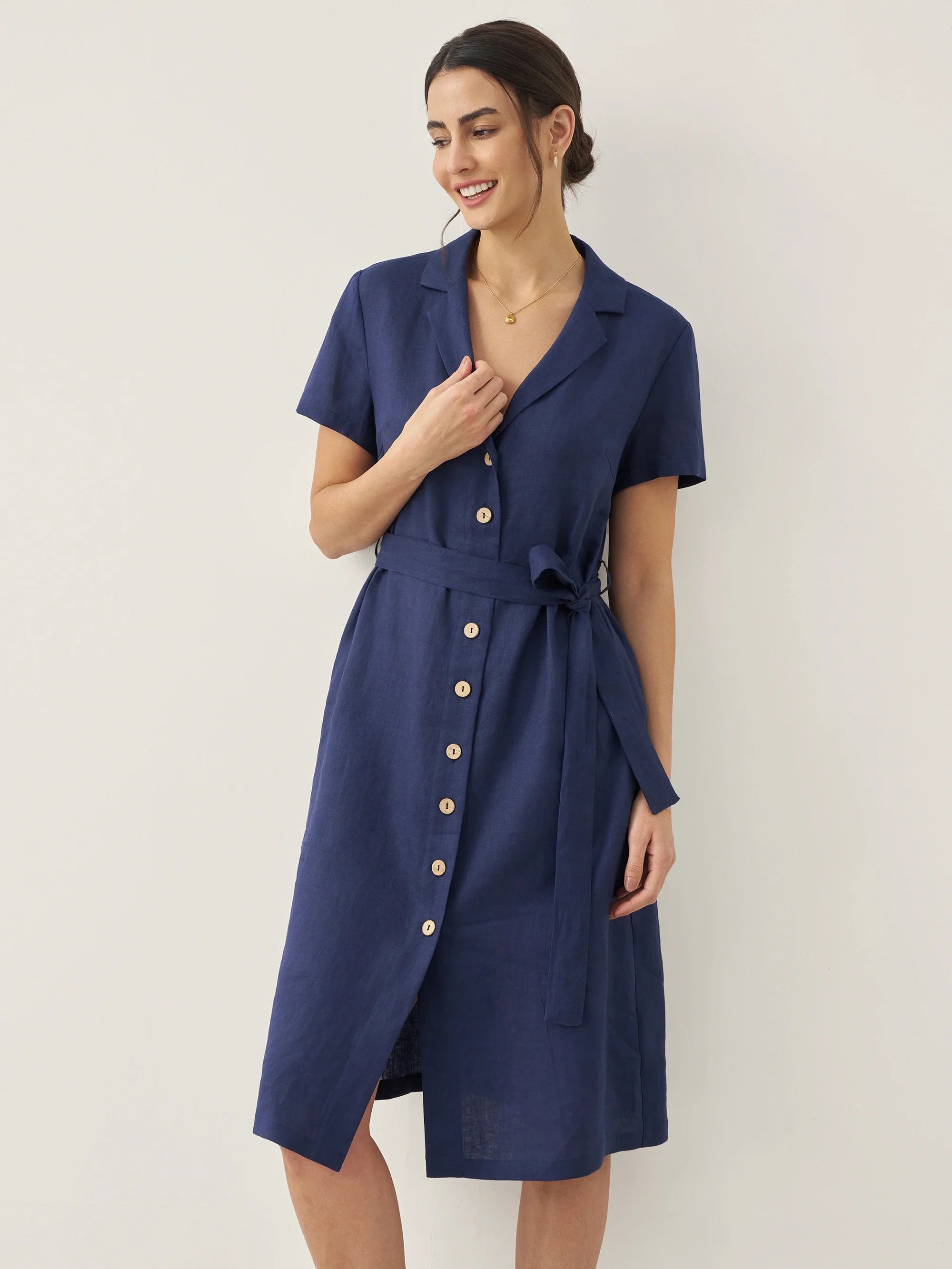 100% Linen V-Neck Button-Front Shirt Dress EILEEN