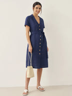 100% Linen V-Neck Button-Front Shirt Dress EILEEN