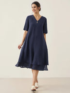 100% Linen V-Neck Double-Layer Midi Dress JAYDA